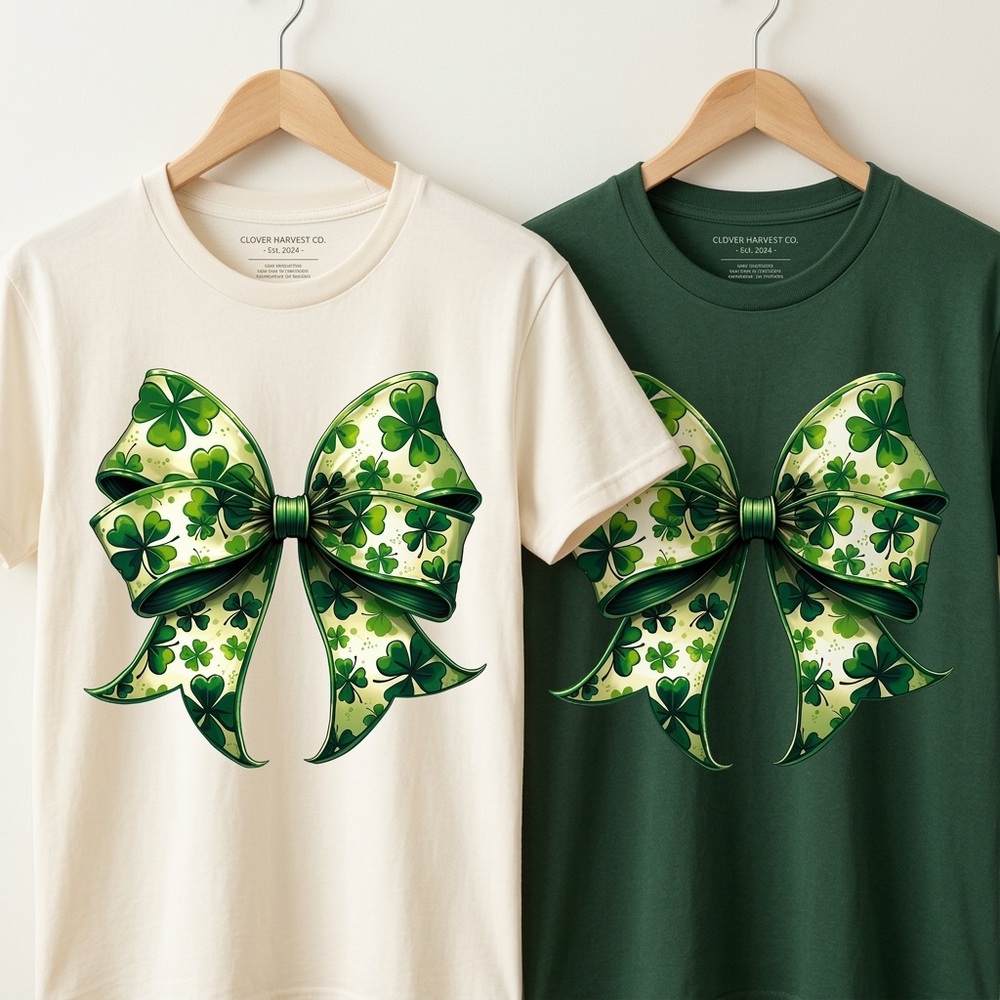 Gildan Green and Cream Clover Bow T-Shirts